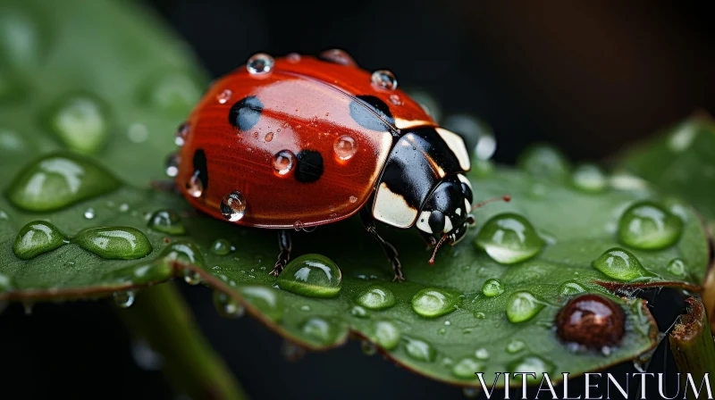 AI ART Red Ladybug on Green Leaf: Close-up Insect Photography