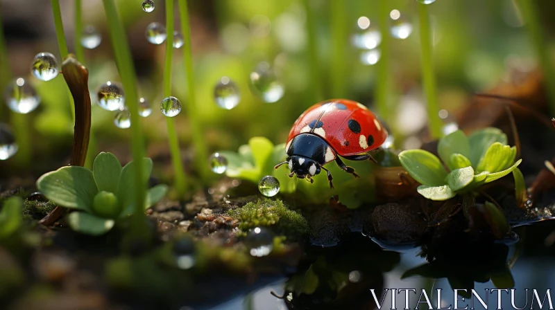AI ART Red Ladybug on Green Leaf: Close-up Nature Photography