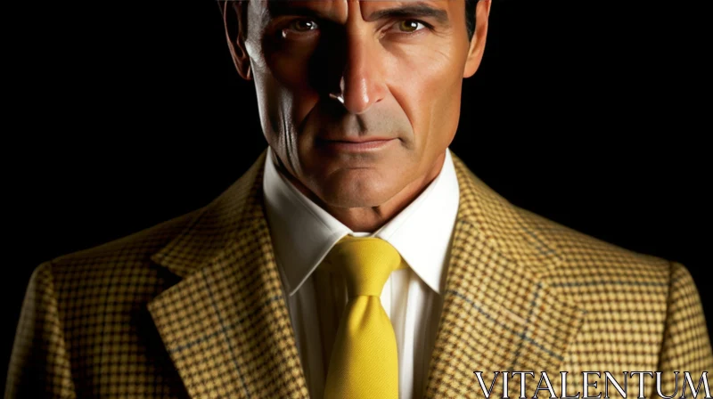 Serious Man Portrait in Yellow Tie and Tweed Jacket AI Image