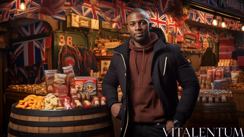 Young Man in British-Themed Store AI Image