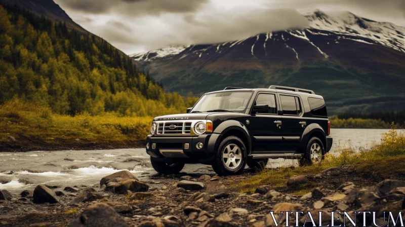 Black SUV by the Riverside: Capturing Norwegian Nature with Japanese Inspiration AI Image
