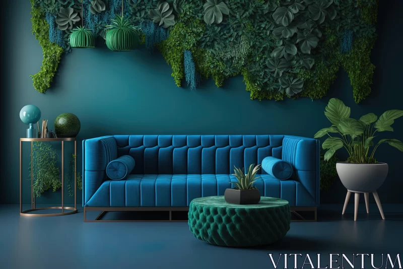 Blue Living Room with Green Plants and a Bold Blue Sofa | Gemstone Style AI Image