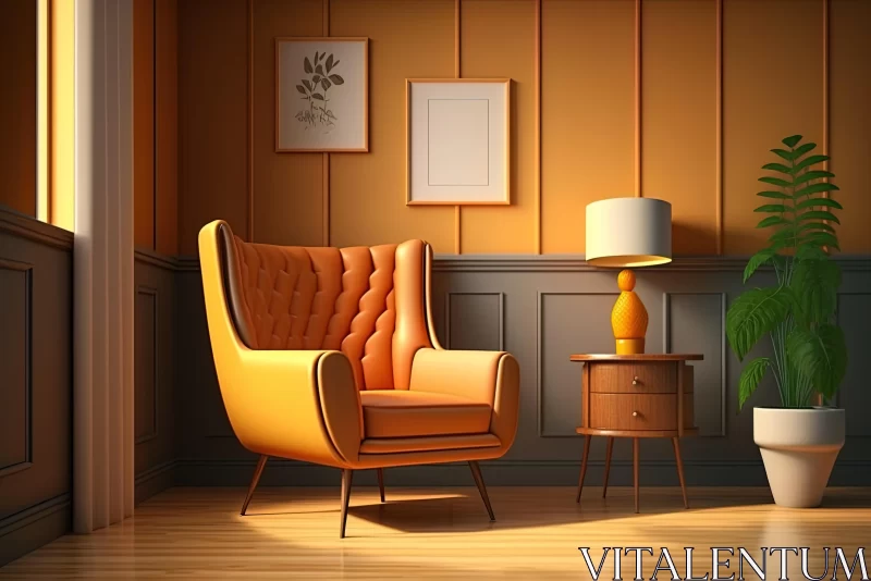 Captivating 3D Rendering: Yellow Armchair in a Mid-Century Style Room AI Image