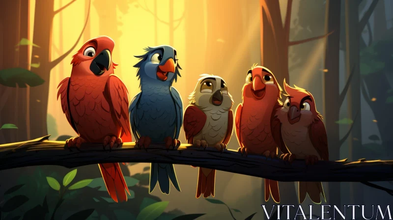 Colorful Parrots on Jungle Branch - Cartoon Style AI Image