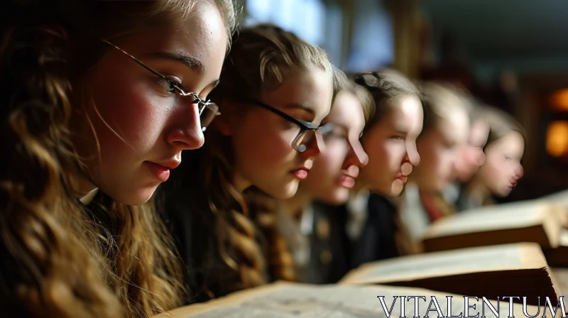 Discover the Joy of Reading with Five Girls in a Library AI Image