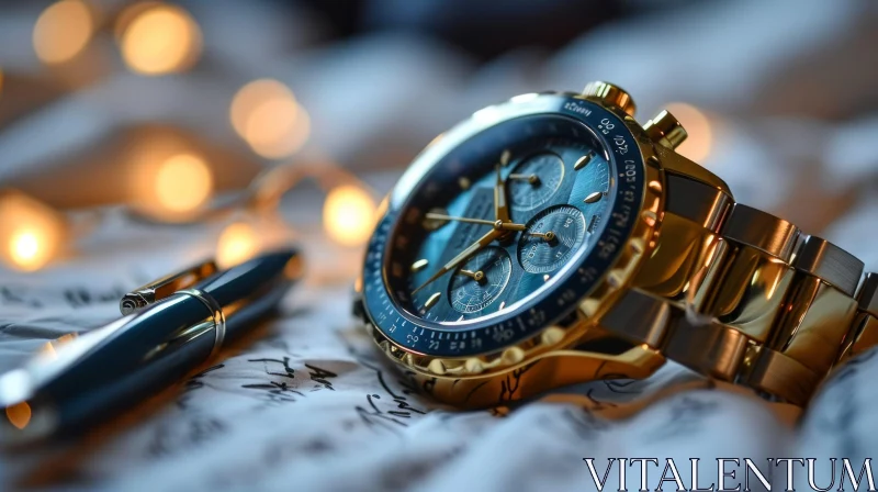 Luxurious Gold Wristwatch with Blue Dial | Exquisite Close-up AI Image