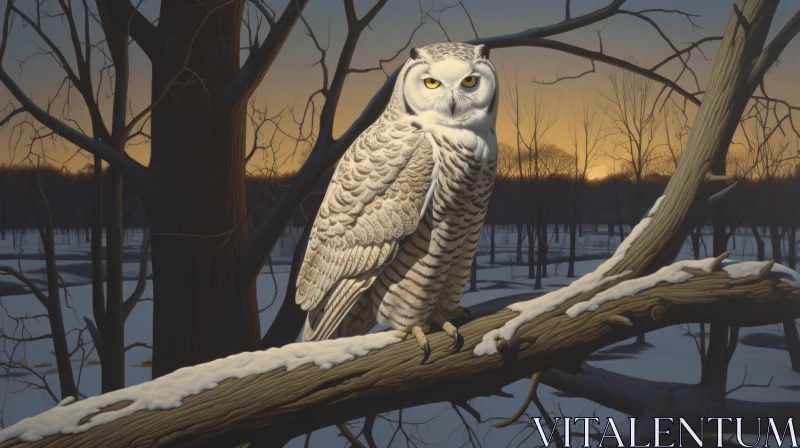 Snowy Owl Painting on Branch in Forest AI Image