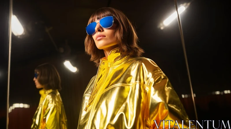 Young Woman in Blue Sunglasses and Gold Jacket AI Image
