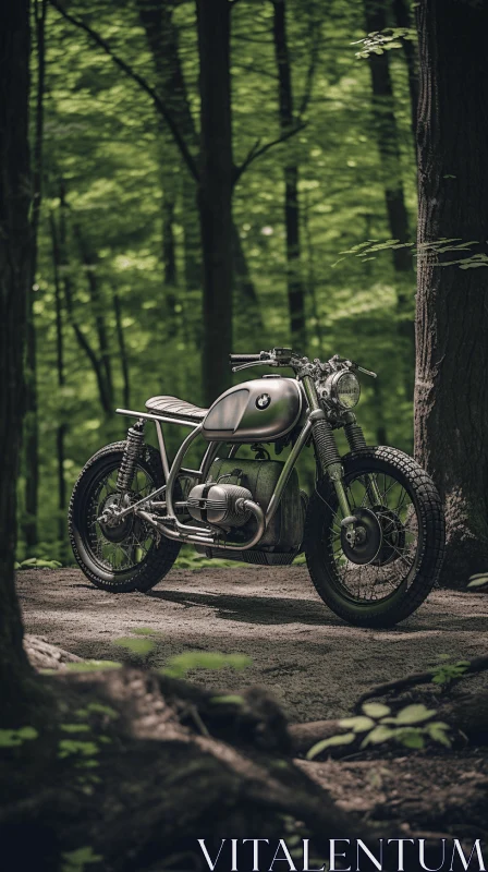 Captivating BMW Motorcycle in Woods: Industrial Design Masterpiece AI Image
