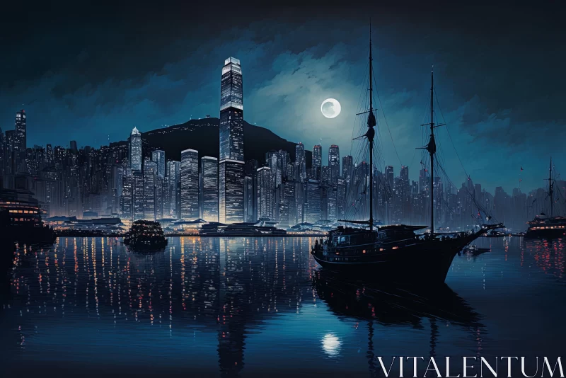Captivating Harbor View: Romantic Moonlit Cityscape with Boat AI Image