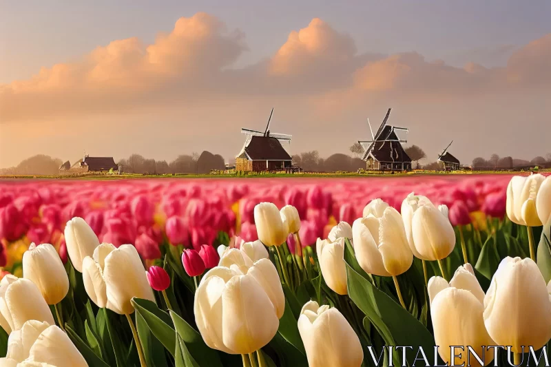 Captivating Tulip Field with Windmills in the Netherlands AI Image