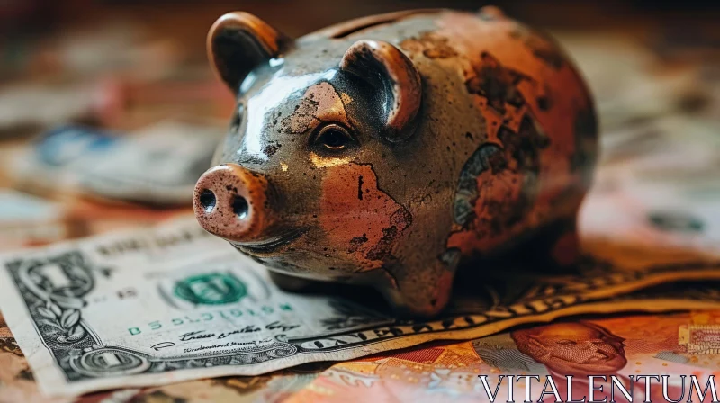 Ceramic Piggy Bank on Money | Cracked Surface | Abstract Art AI Image