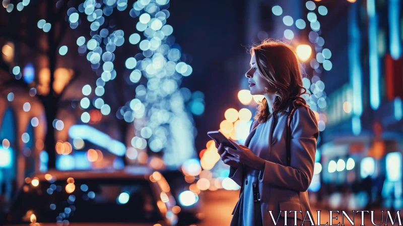 City Street Night Photography: Stylish Woman with Smartphone AI Image