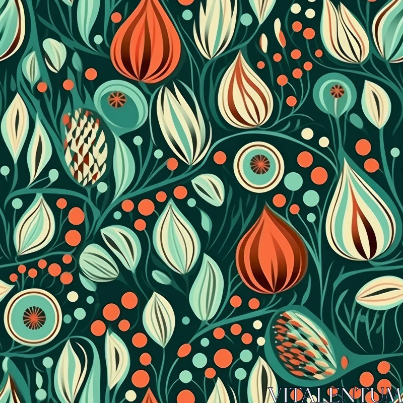 AI ART Dark Green Floral Pattern with Orange and Teal Flowers