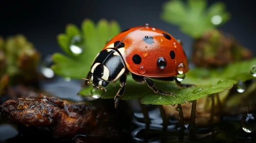Detailed Macro Image of Red Ladybug on Wet Green Leaf