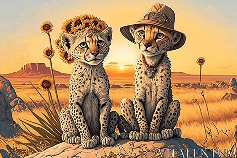 Enchanting Fantasy Art: Two Seated Cheetahs in Western-Style Portraits AI Image