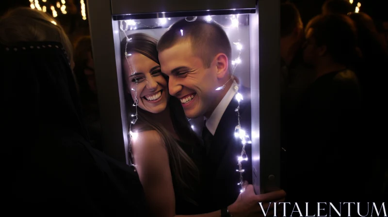 Enchanting Moment: Young Couple Smiling in Fairy Light Photo Booth AI Image