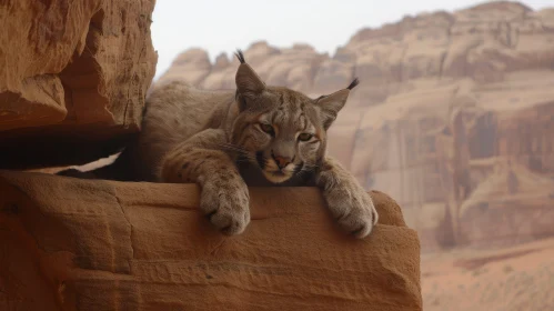 Majestic Lynx Resting on Rock in Desert Landscape