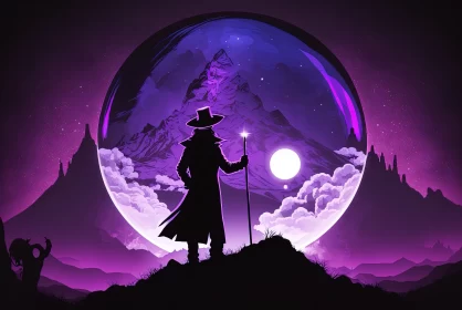 Mysterious Purple Sphere Art: Man and Mountain in Gothic Illustration Style