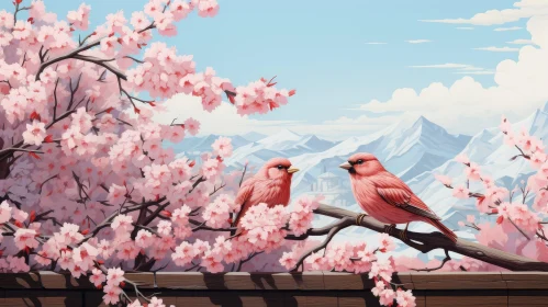 Pink Birds on Cherry Blossom Branch with Mountain View