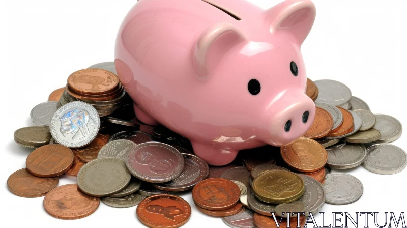 Pink Piggy Bank on a Pile of Coins - Ceramic Money Savings AI Image