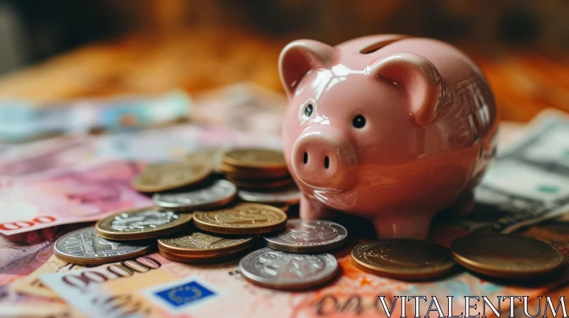 Pink Piggy Bank on Coins and Banknotes | Ceramic Shiny Finish AI Image