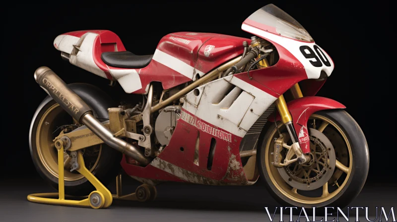 Revived Historic Art: Red and White Motorcycle with Delicate Gold Detailing AI Image