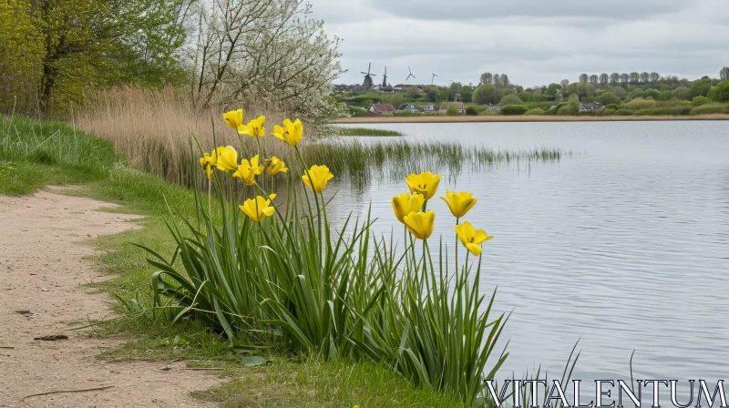Serene Landscape with Lake, Windmill, and Tulips AI Image