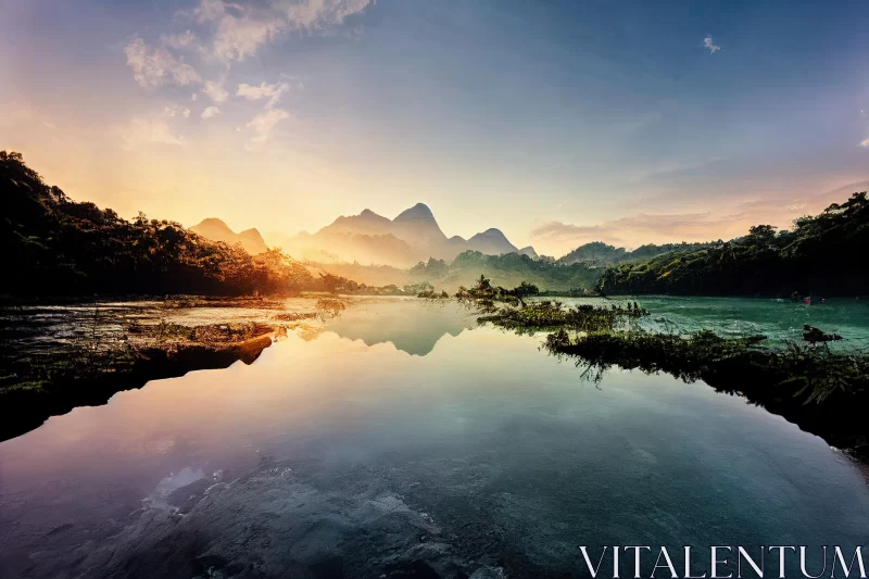 Serene Sunrise over Water and Mountains: Captivating Natural Beauty AI Image