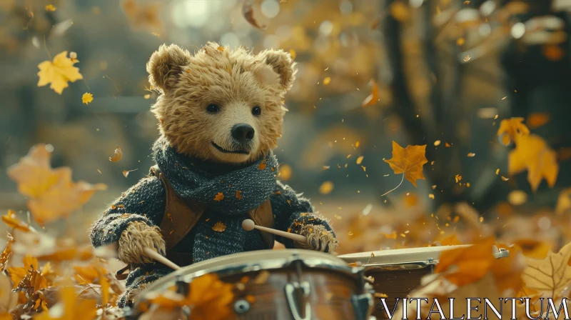 Teddy Bear Playing Drums in Forest - 3D Rendering AI Image