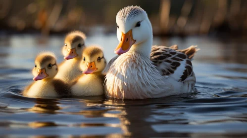 Tranquil Duck and Ducklings Swimming in Lake