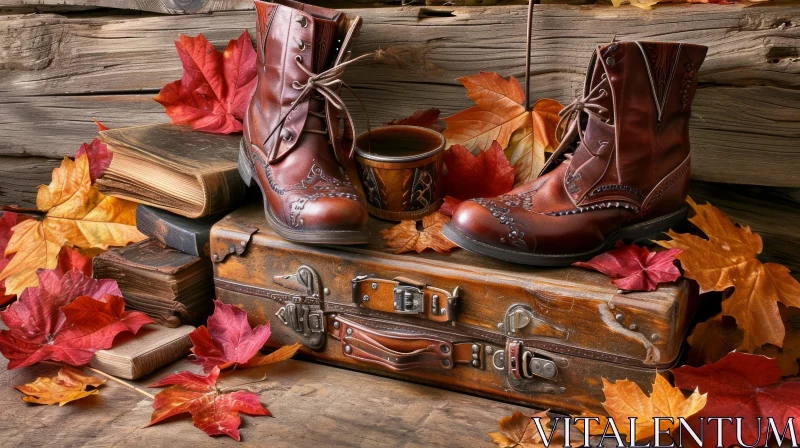 Warm and Inviting Still Life with Brown Leather Boots, Cup, and Book AI Image