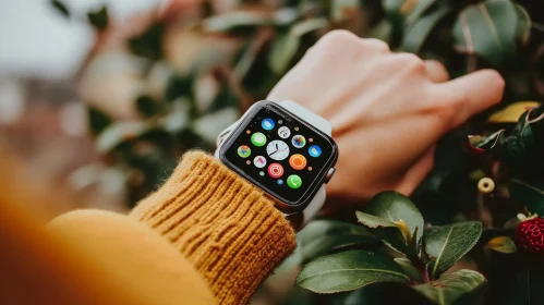 White Apple Watch with Green Plant and Yellow Sweater
