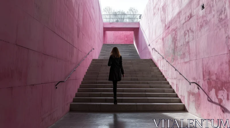 Woman Walking Up Concrete Stairs with Pink Walls | Architecture AI Image