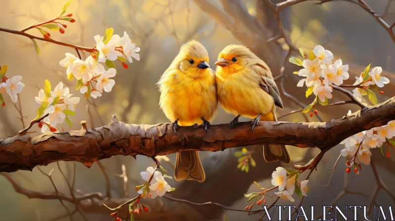 Yellow Birds on Branch Painting AI Image