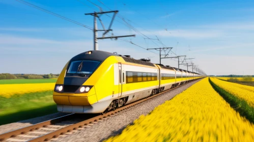 Yellow High-Speed Train in Field of Flowers