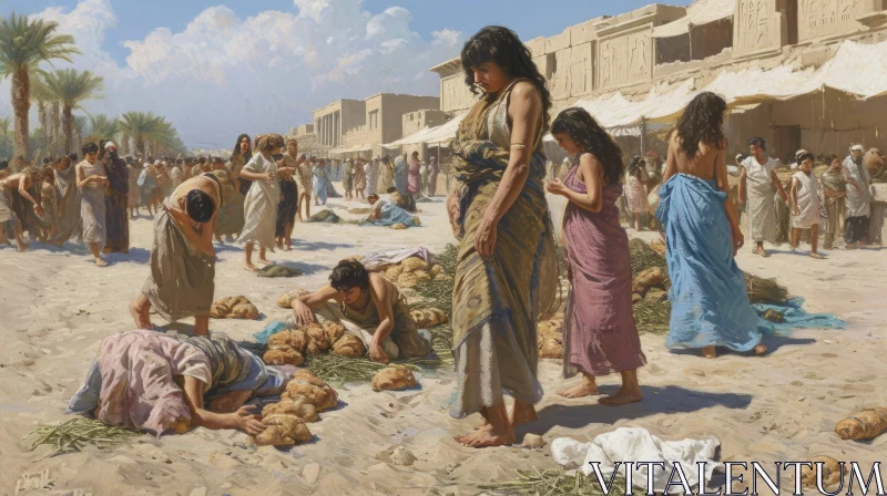 Ancient Egyptian Marketplace Painting: Vibrant Scene of Bustling Activity AI Image
