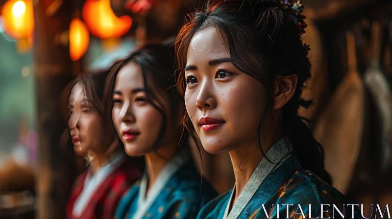 Captivating Beauty of Traditional Korean Hanbok: Three Asian Women AI Image