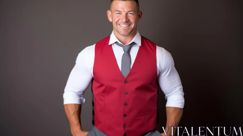 Confident Man Portrait in Red Vest and Gray Tie AI Image