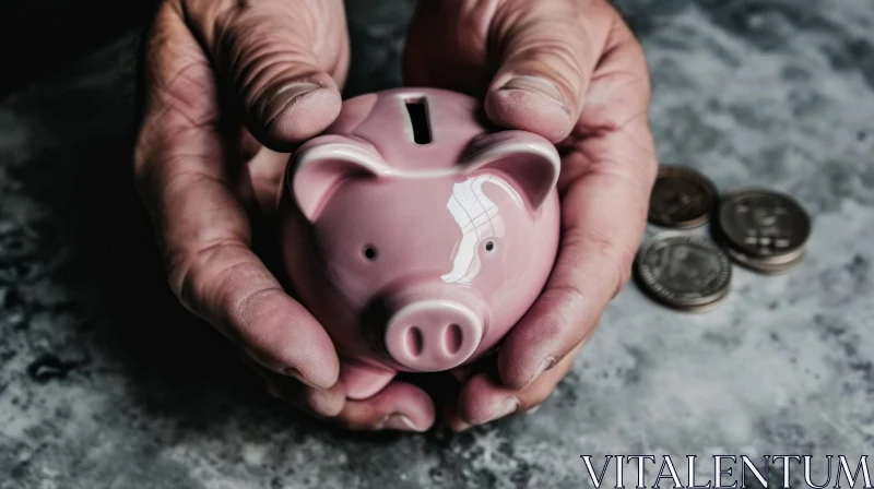 Embracing the Past: A Captivating Image of Weathered Hands and a Pink Piggy Bank AI Image
