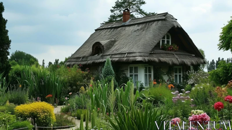 Enchanting Cottage with Thatched Roof in Lush Garden AI Image