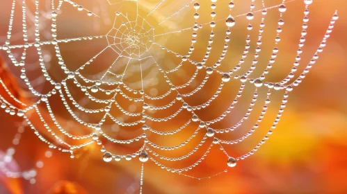 Enchanting Spider Web with Dew Drops on Orange Background