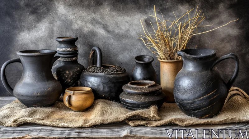 Exquisite Still Life of Clay Pots and Jars on Wooden Table AI Image