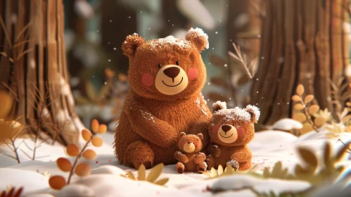 Family of Cartoon Bears in Snowy Forest - 3D Rendering