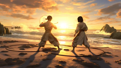 Intense Martial Arts Battle on Beach at Sunset AI Image