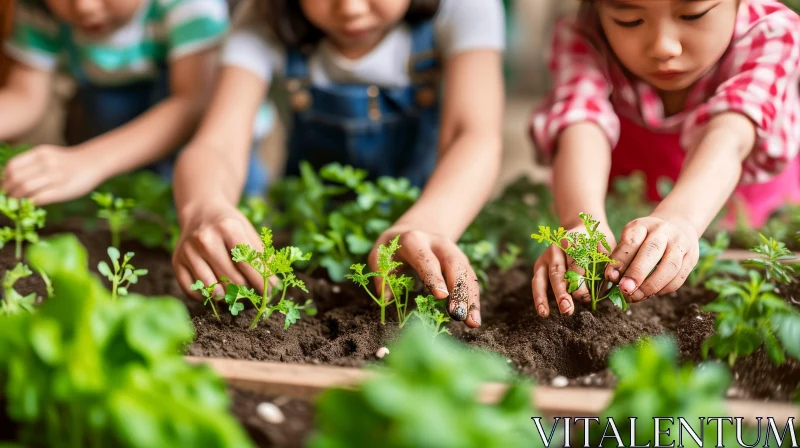 Joyful Children Planting Seedlings in a Garden AI Image