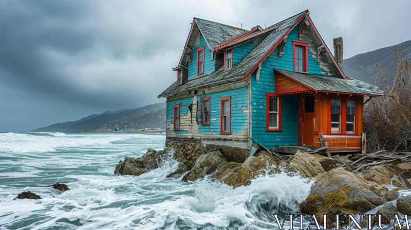 Majestic Blue House on Rocky Coast | Stormy Sea Waves AI Image