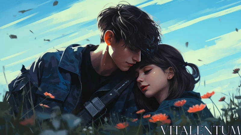 Man and Woman in Field of Flowers AI Image