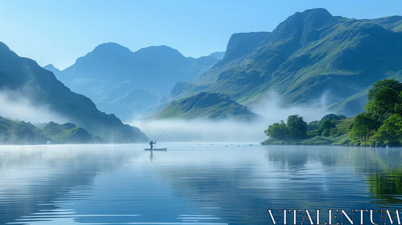 Morning Fly Fishing on a Calm Lake with Majestic Mountains AI Image