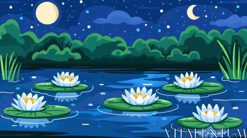 Night Landscape with Lake and Water Lilies AI Image